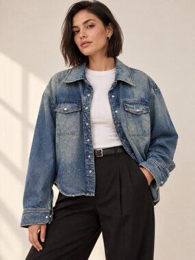 GRLFRND Cropped Western Denim Shirt Jacket Snap Front Frayed Hem Medium Wash L